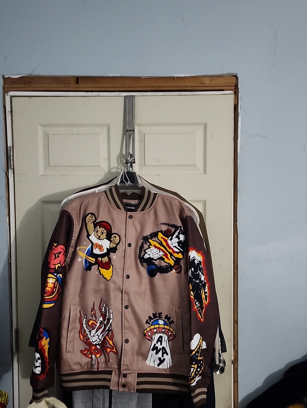 Reason Brown and Dark Brown Graphic Patch Bomber Jacket